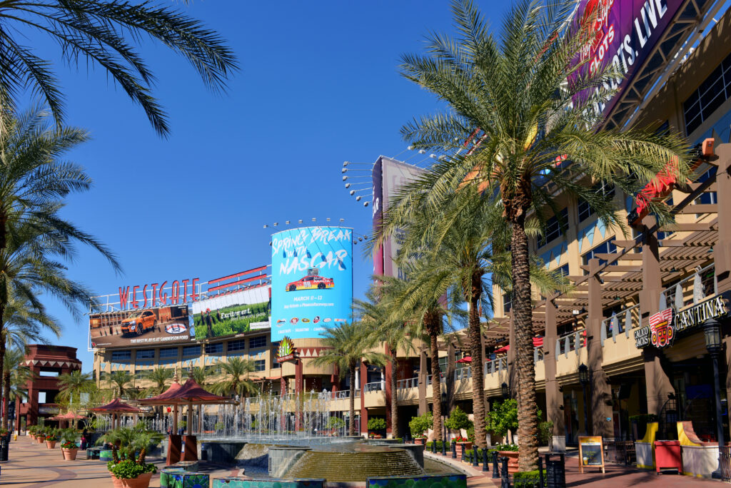 Glendale, AZ, on February 25, 2016. A portion of the central court of the Westgate Entertainment District which houses the Gila River Arena, home of the NHL team Arizona Coyotes