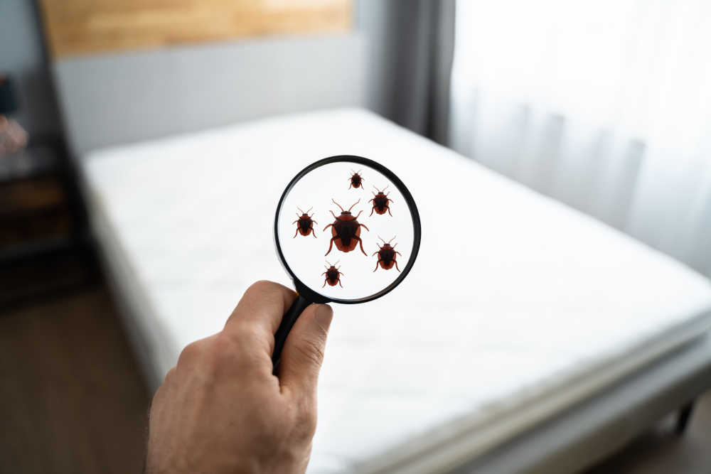 A magnifying glass is held up to a bed, revealing bed bugs