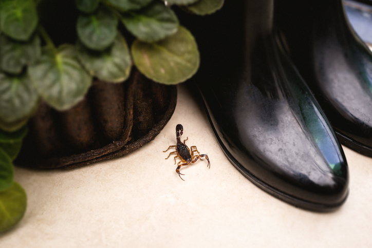A dark brown scorpion sitting between a plant pot and a pair of rain boots.